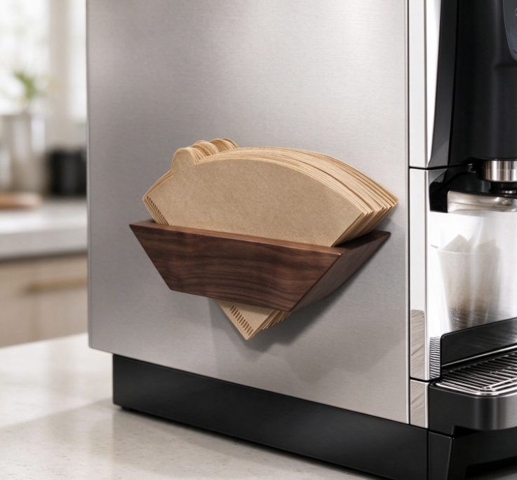 Wall-Mounted Walnut Coffee Filter Holder – Magnetic Storage for Coffee Machines - Image 2