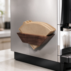 Wall-Mounted Walnut Coffee Filter Holder – Magnetic Storage for Coffee Machines