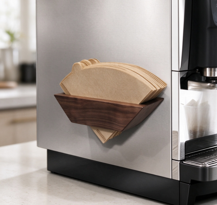Wall-Mounted Walnut Coffee Filter Holder – Magnetic Storage for Coffee Machines