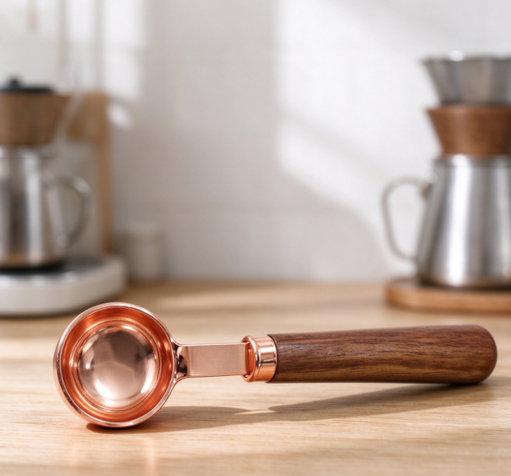 Rose Gold Stainless Steel Coffee Measuring Spoon with Walnut Handle – 15ml Precision Tool for Pour-Over Coffee