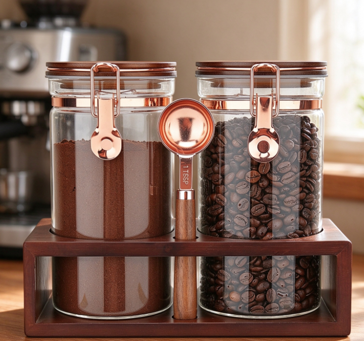 Dual-Canister Coffee Storage Set with Wooden Stand