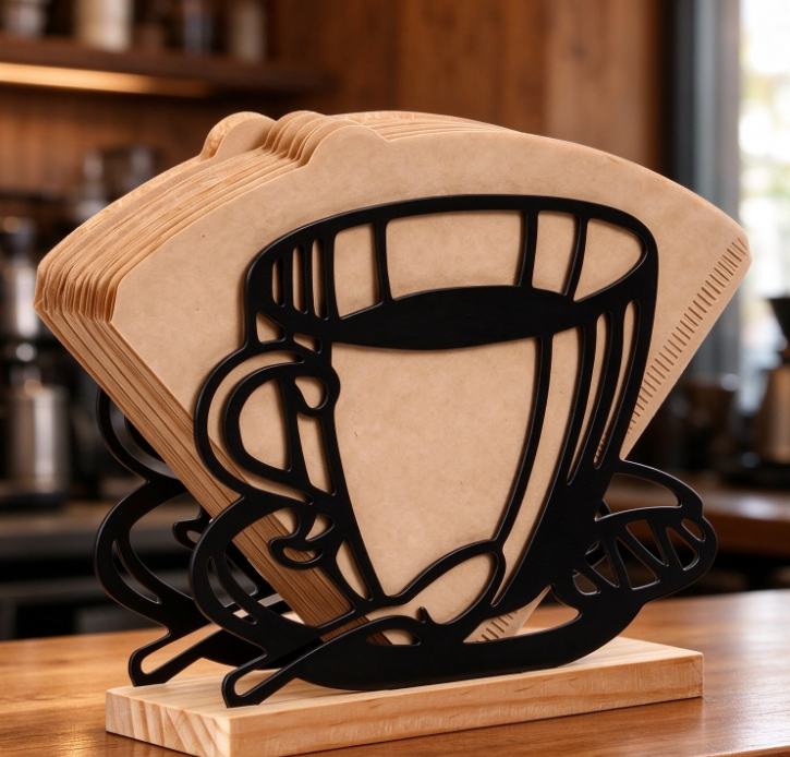 Creative Cutout Coffee Cup-Shaped Metal Filter Paper Holder with Solid Wood Base - Image 2