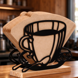 Creative Cutout Coffee Cup-Shaped Metal Filter Paper Holder with Solid Wood Base