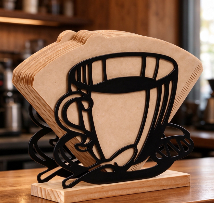 Creative Cutout Coffee Cup-Shaped Metal Filter Paper Holder with Solid Wood Base