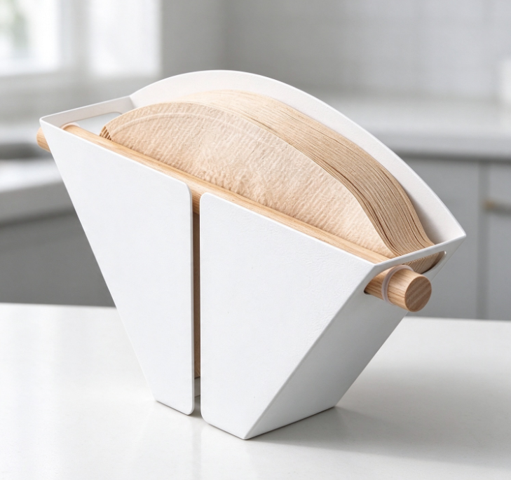 White Metal and Natural Wood-Dowel Coffee Filter Holder – Open-Style Pour-Over Filter Stand - Image 2