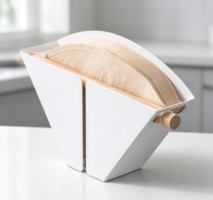 White Metal and Natural Wood-Dowel Coffee Filter Holder – Open-Style Pour-Over Filter Stand
