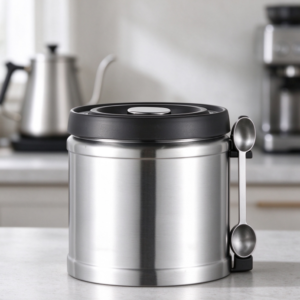 Airtight Stainless Steel Coffee Canister with Side-Mounted Measuring Scoops