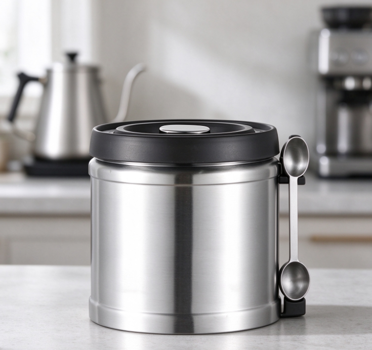Airtight Stainless Steel Coffee Canister with Side-Mounted Measuring Scoops