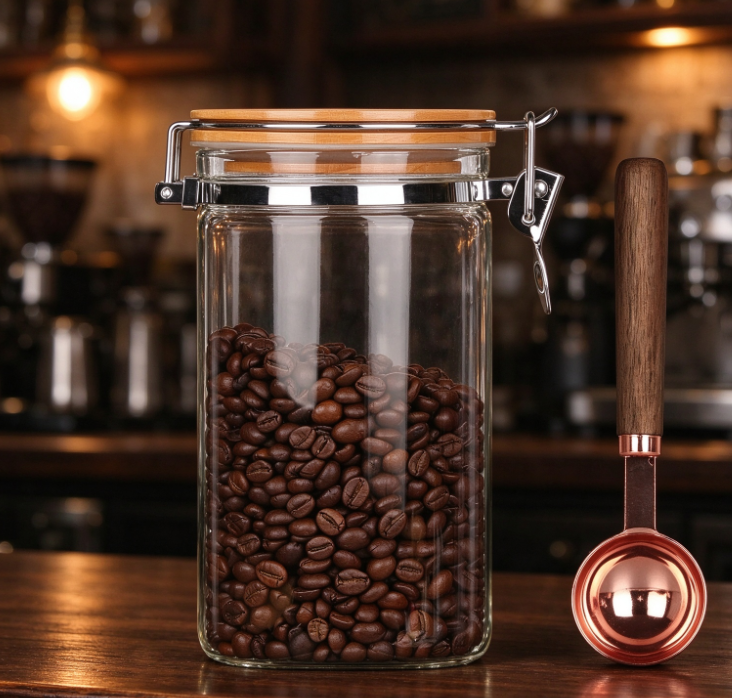 Glass Coffee Canister with Clamp-Lock Lid and Rose Gold Measuring Scoop - Image 2