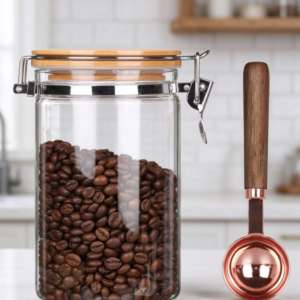 Glass Coffee Canister with Clamp-Lock Lid and Rose Gold Measuring Scoop