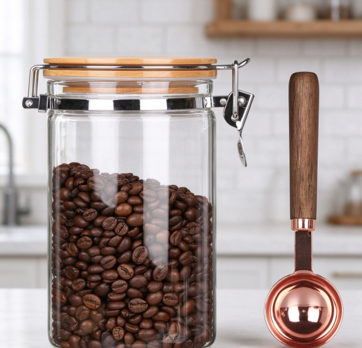 Glass Coffee Canister with Clamp-Lock Lid and Rose Gold Measuring Scoop