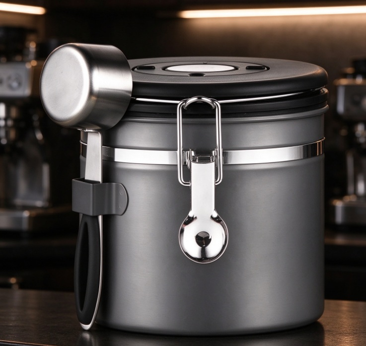 Gray-Silver Stainless Steel Coffee Canister with Measuring Scoop - Image 2