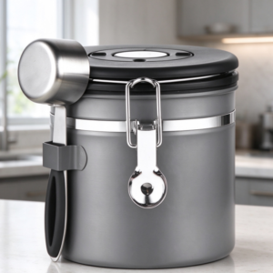 Gray-Silver Stainless Steel Coffee Canister with Measuring Scoop