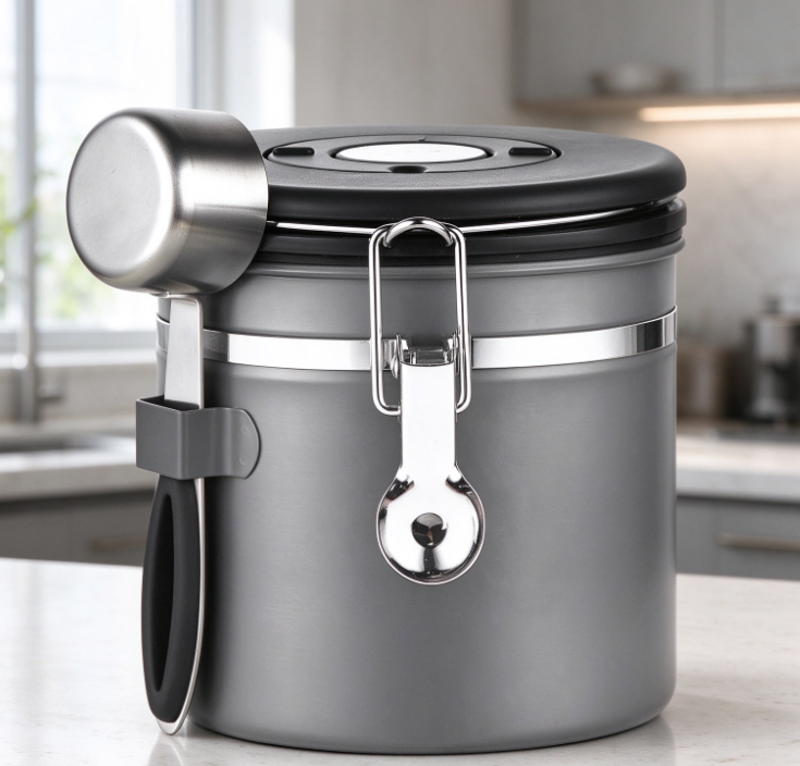 Gray-Silver Stainless Steel Coffee Canister with Measuring Scoop