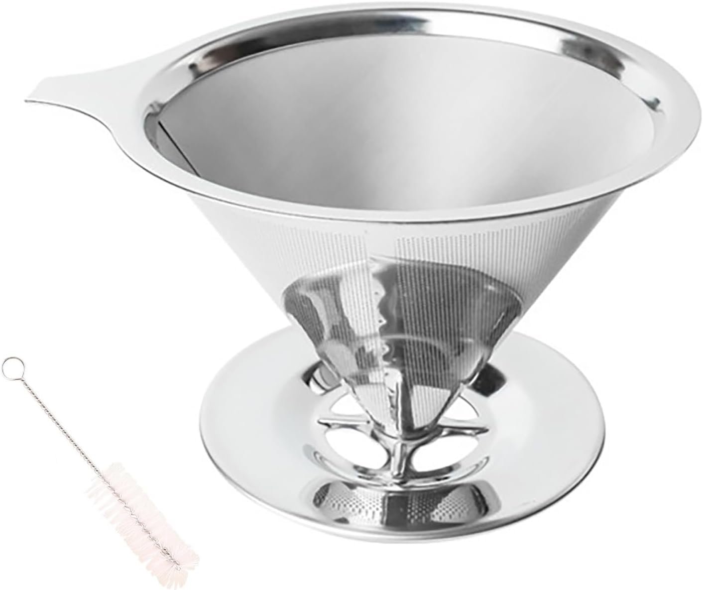 Stainless Steel Pour-Over Coffee Dripper Set – Includes Base & Cleaning Brush (Conical Filter)
