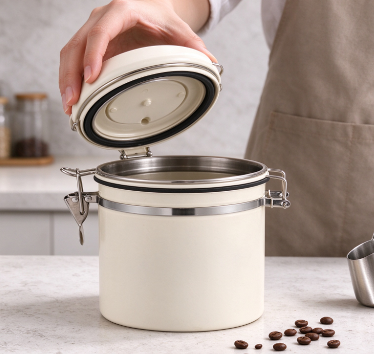 Off-White Coffee Canister with Latch and Measuring Scoop - Image 2