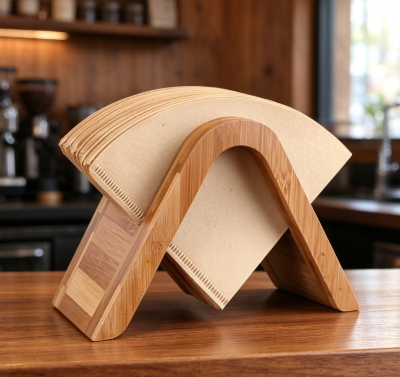 A-Frame Curved Bamboo Coffee Filter Holder – Angled Pour-Over Filter Organizer