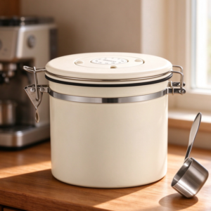 Off-White Coffee Canister with Latch and Measuring Scoop