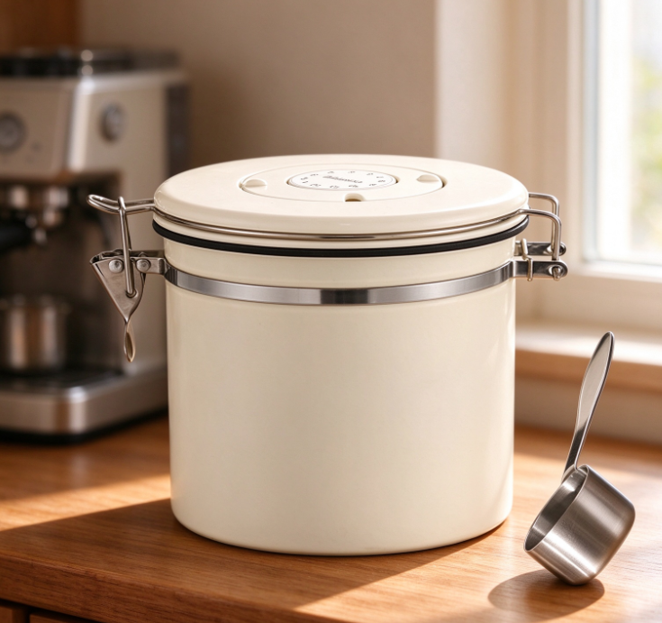 Off-White Coffee Canister with Latch and Measuring Scoop
