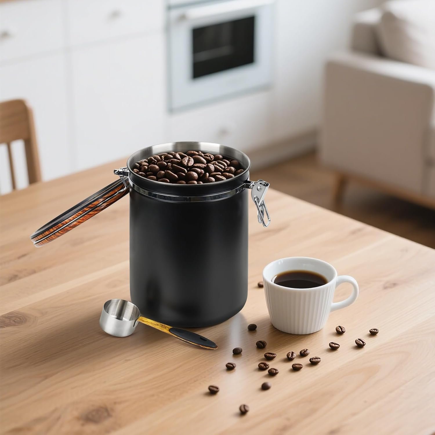 Black Stainless Steel Coffee Bean Canister with Wood-Grain Lid – Airtight Container with Measuring Scoop and Locking Latch - Image 2