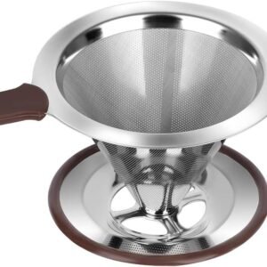 Stainless Steel Pour-Over Coffee Dripper with Brown Silicone Handle and Non-Slip Base