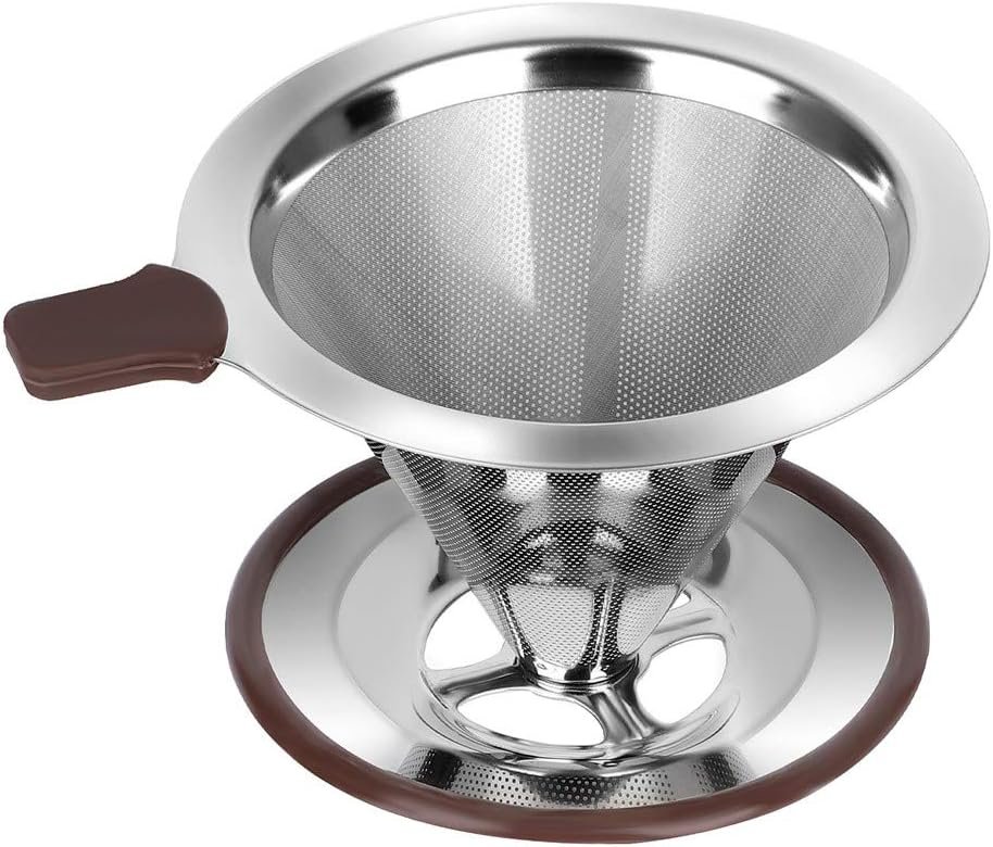 Stainless Steel Pour-Over Coffee Dripper with Brown Silicone Handle and Non-Slip Base