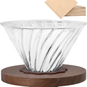 Ribbed Glass Pour-Over Coffee Dripper with Solid Wood Base – Includes Coffee Filter Papers