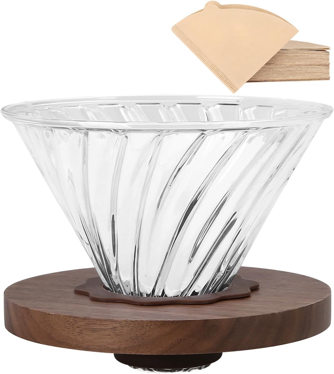 Ribbed Glass Pour-Over Coffee Dripper with Solid Wood Base – Includes Coffee Filter Papers