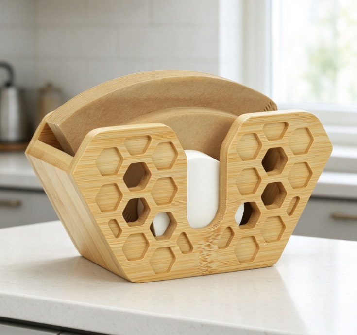 Honeycomb-Cutout Bamboo Coffee Filter Holder – Creative V-Shaped Pour-Over Filter Organizer - Image 2