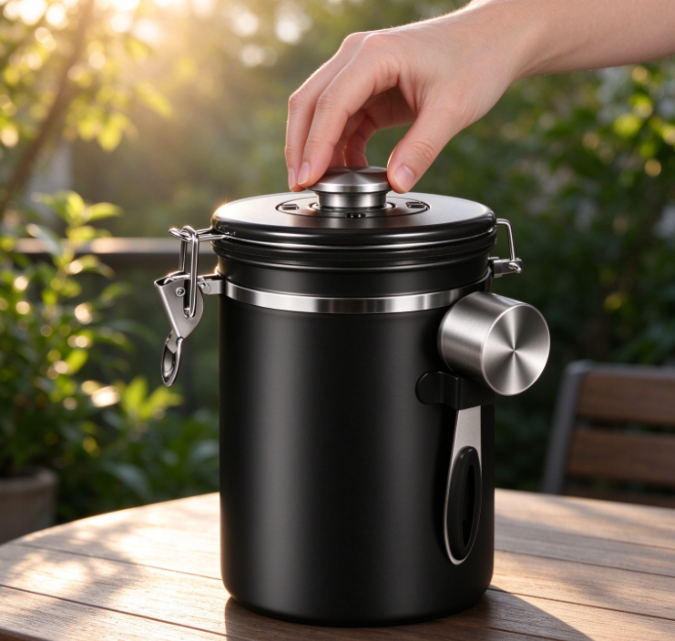 Black Stainless Steel Coffee Canister with Measuring Scoop - Image 2