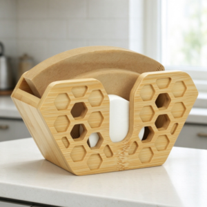Honeycomb-Cutout Bamboo Coffee Filter Holder – Creative V-Shaped Pour-Over Filter Organizer