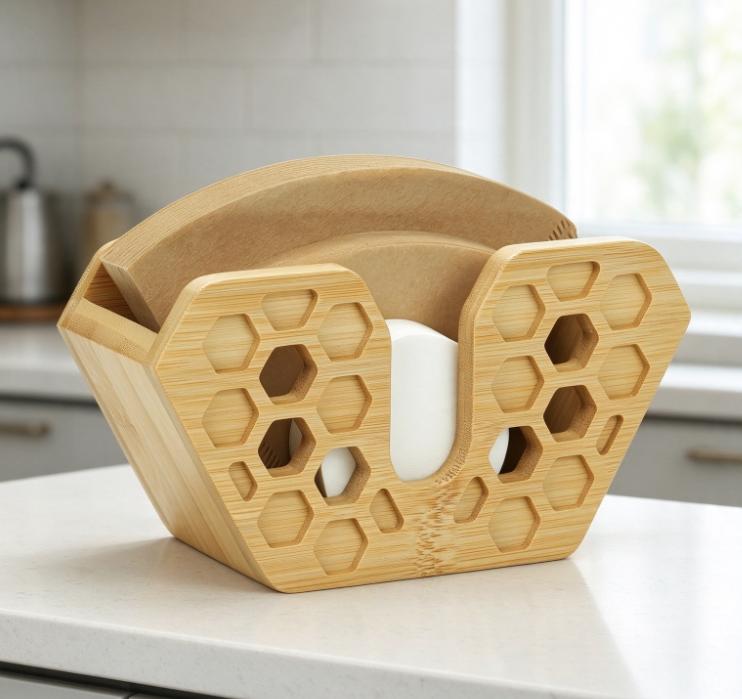 Honeycomb-Cutout Bamboo Coffee Filter Holder – Creative V-Shaped Pour-Over Filter Organizer