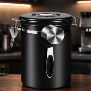 Black Stainless Steel Coffee Canister with Measuring Scoop