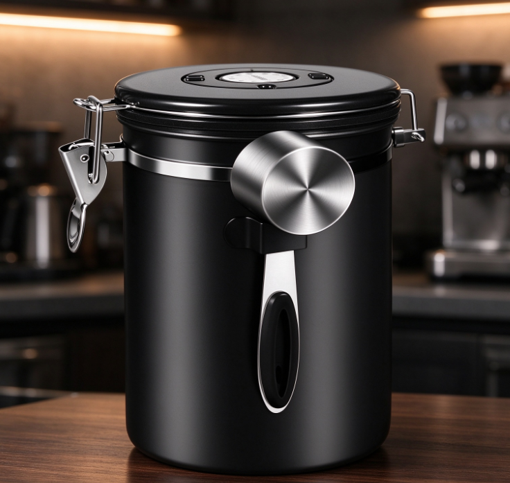 Black Stainless Steel Coffee Canister with Measuring Scoop
