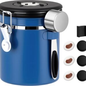 Blue 304 Stainless Steel Coffee Bean Canister with Scoop and Locking Latch