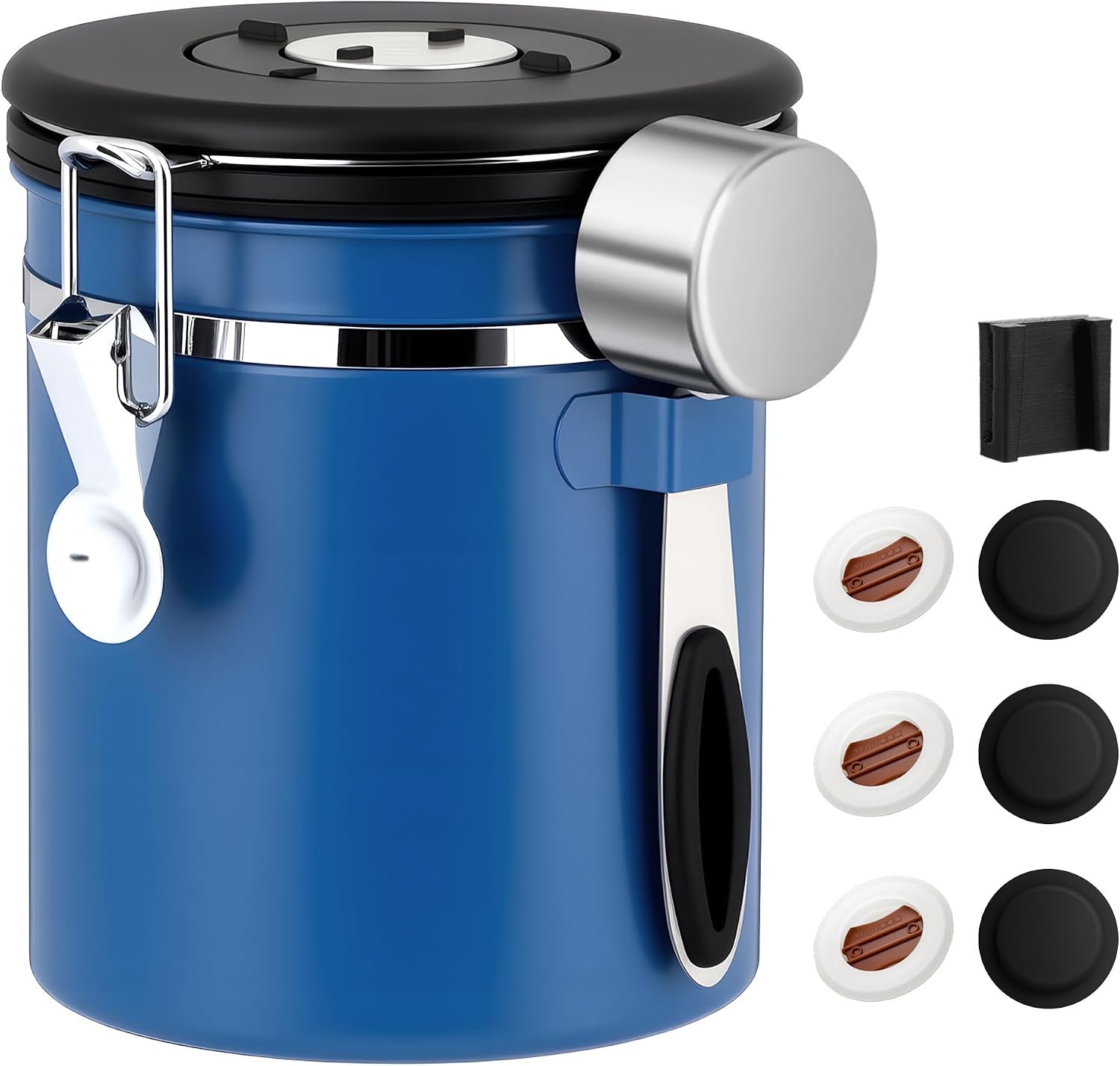 Blue 304 Stainless Steel Coffee Bean Canister with Scoop and Locking Latch