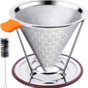 Stainless Steel Honeycomb Coffee Filter with Stand – Orange Silicone Handle, Includes Cleaning Brush