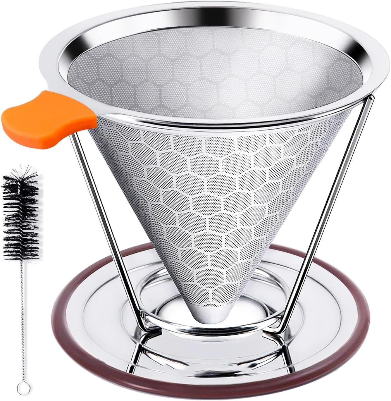 Stainless Steel Honeycomb Coffee Filter with Stand – Orange Silicone Handle, Includes Cleaning Brush