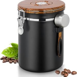 Black Stainless Steel Coffee Bean Canister with Wood-Grain Lid – Airtight Container with Measuring Scoop and Locking Latch