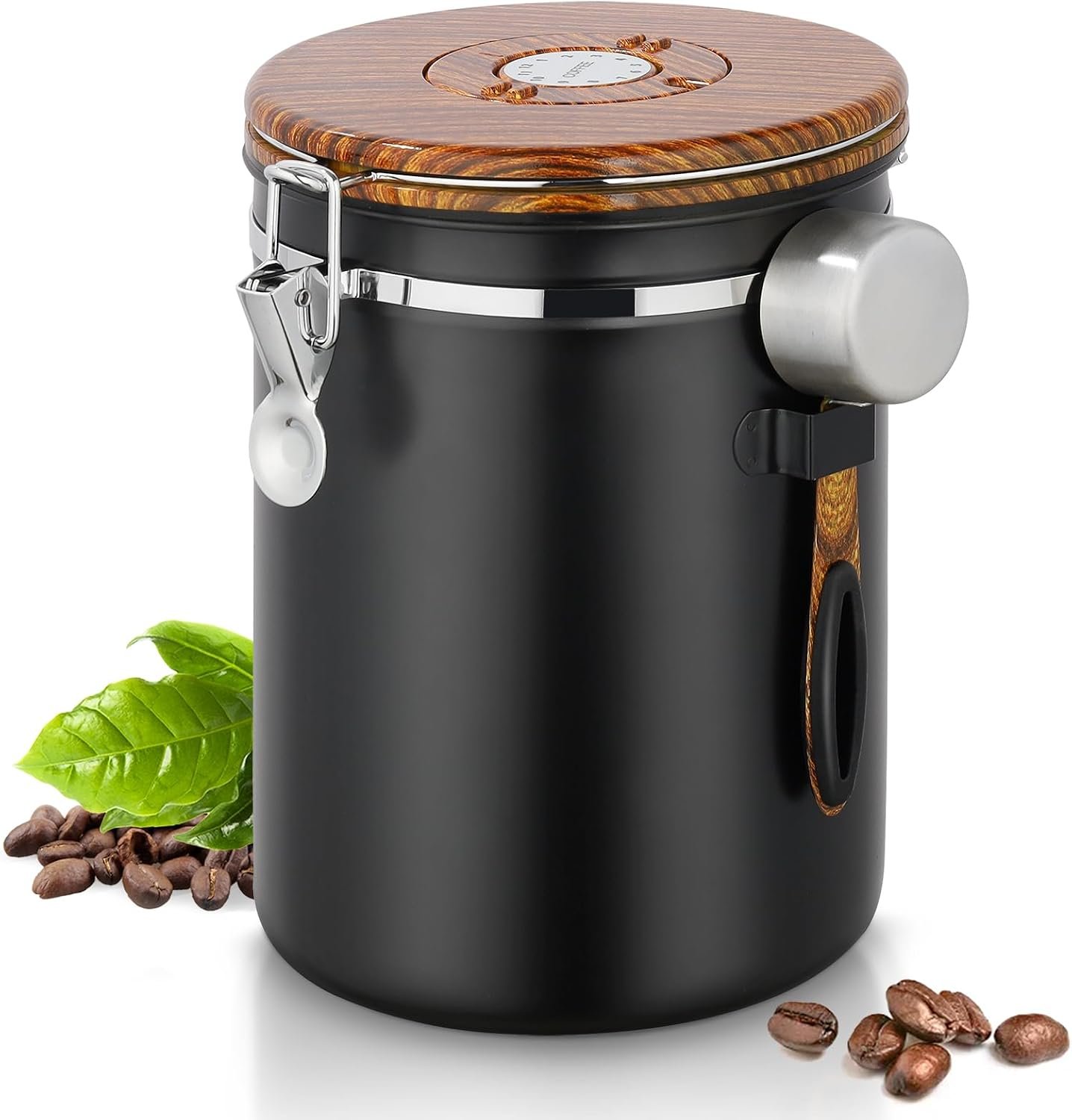 Black Stainless Steel Coffee Bean Canister with Wood-Grain Lid – Airtight Container with Measuring Scoop and Locking Latch