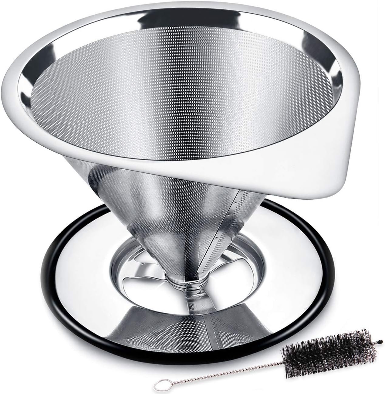 Stainless Steel Pour-Over Coffee Dripper with Spout – Double-Layer Mesh & Non-Slip Base