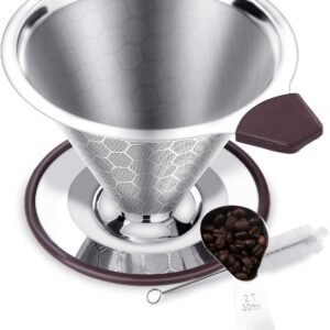 Honeycomb-Pattern Stainless Steel Pour-Over Coffee Filter Set – Includes Measuring Scoop & Cleaning Brush (Paperless Design)