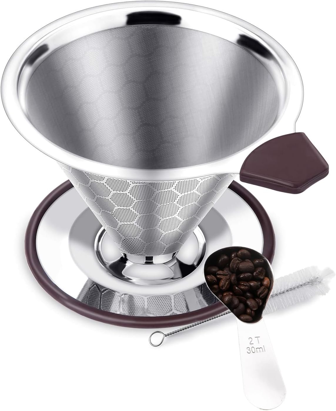 Honeycomb-Pattern Stainless Steel Pour-Over Coffee Filter Set – Includes Measuring Scoop & Cleaning Brush (Paperless Design)