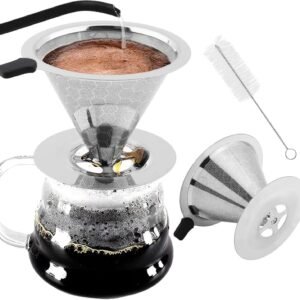 Double-Layer Stainless Steel Pour-Over Coffee Filter – Reusable, Paperless Coffee Dripper with Base and Cleaning Brush