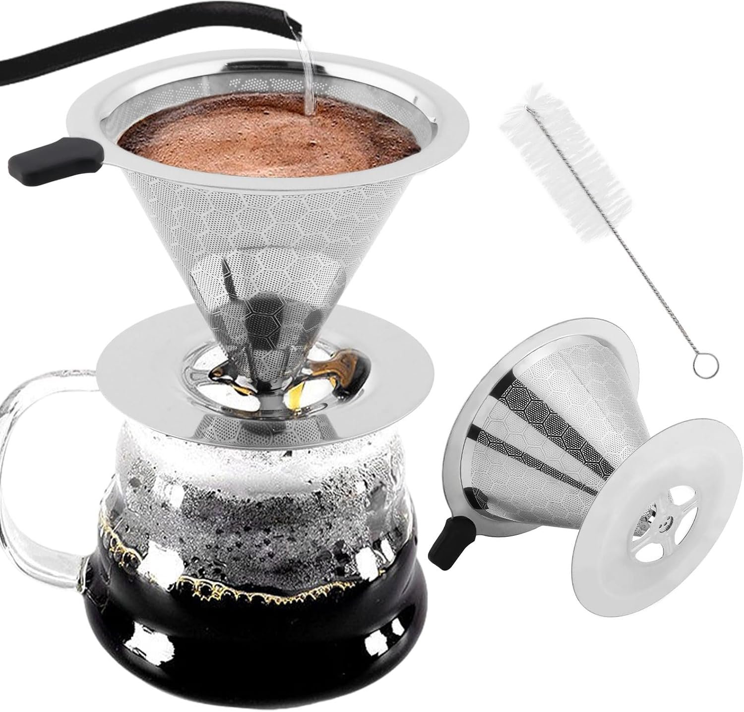 Double-Layer Stainless Steel Pour-Over Coffee Filter – Reusable, Paperless Coffee Dripper with Base and Cleaning Brush