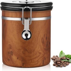 Faux-Wood Grain Stainless Steel Coffee Bean Canister with Locking Latch and One-Way Exhaust Valve