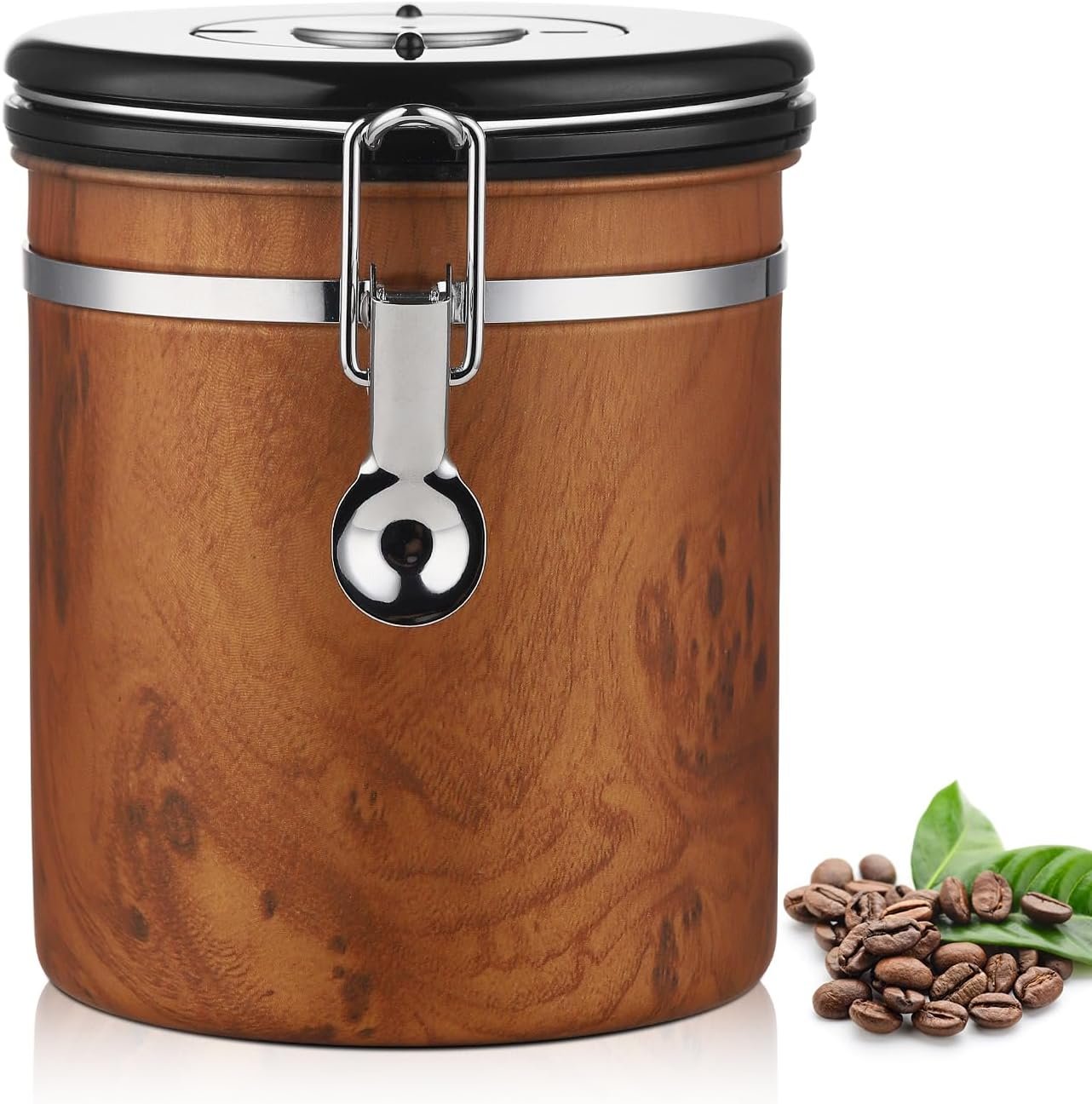 Faux-Wood Grain Stainless Steel Coffee Bean Canister with Locking Latch and One-Way Exhaust Valve