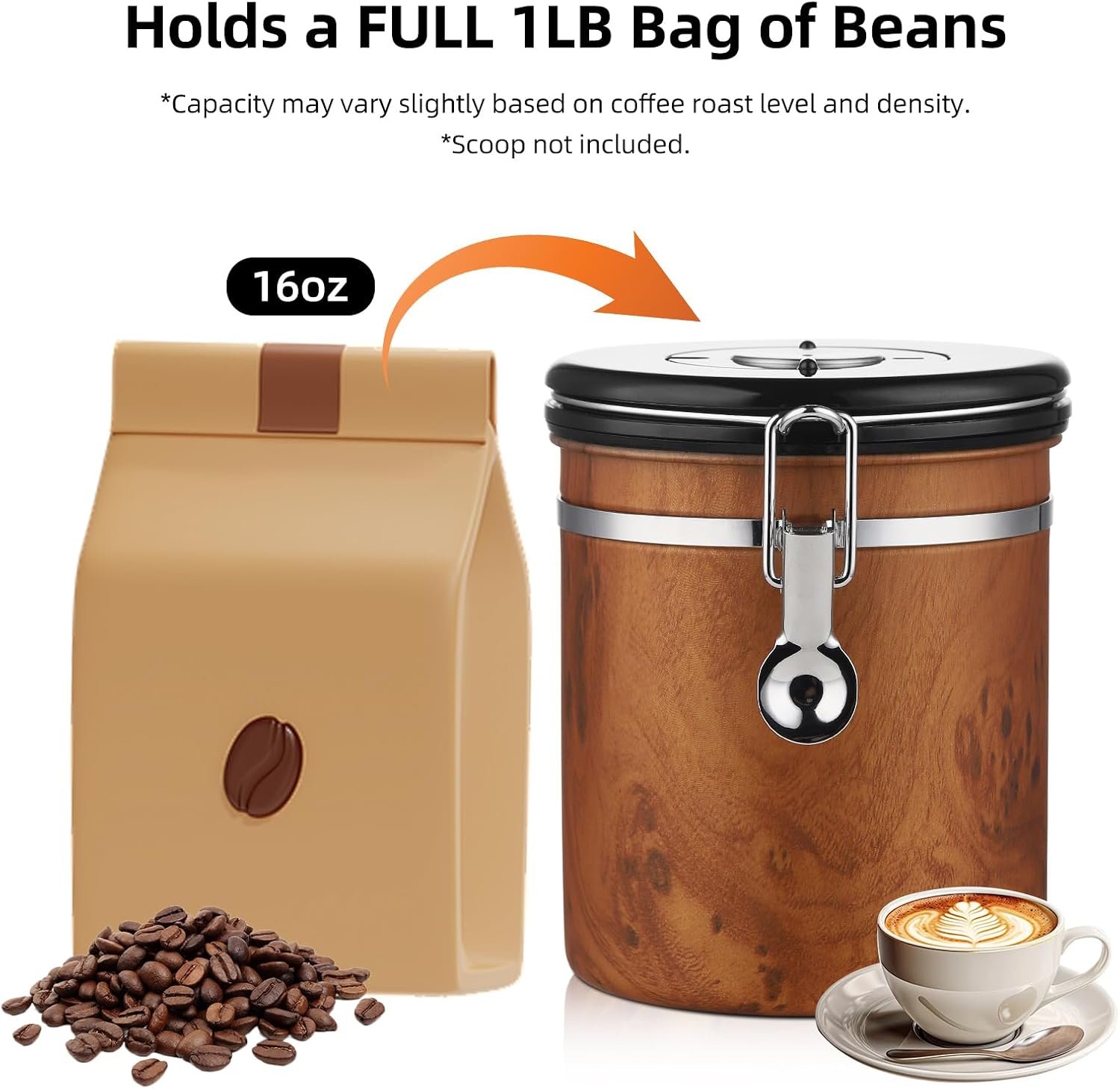 Faux-Wood Grain Stainless Steel Coffee Bean Canister with Locking Latch and One-Way Exhaust Valve - Image 2