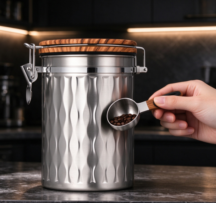 Corrugated Stainless Steel Coffee Canister with Wooden-Handled Measuring Scoop - Image 2