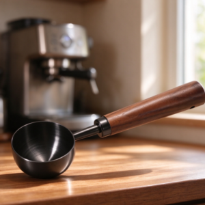Black Titanium Stainless Steel Coffee Measuring Scoop with Walnut Handle – 30ml Pour-Over Coffee Dosing Scoop
